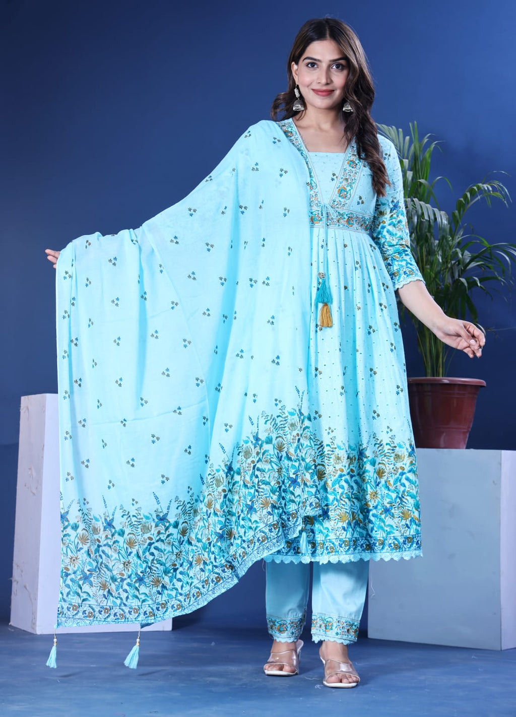 Sky blue jaipuri three piece